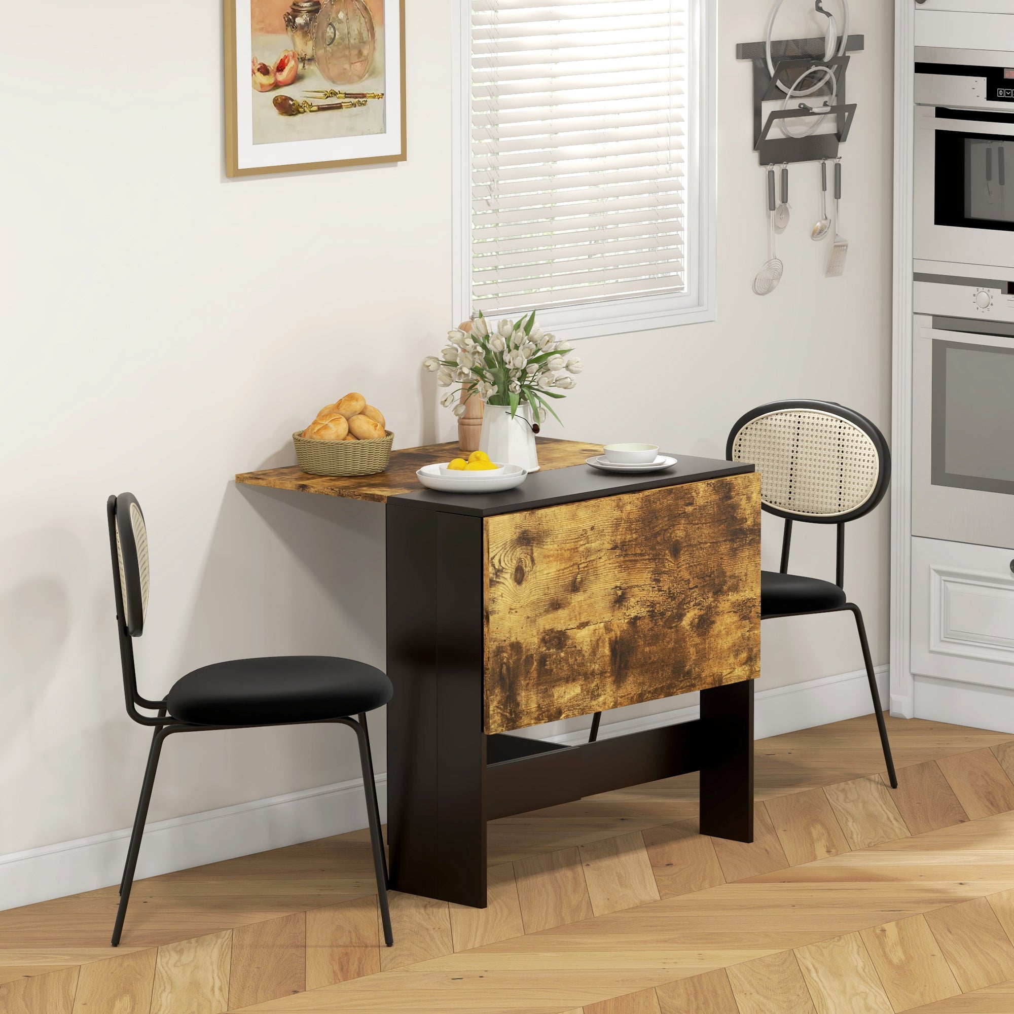 Drop Leaf Dining Table Wood Folding Table Multi-Use Side Table Dining Desk Space Saving Table, Rustic Brown and Black