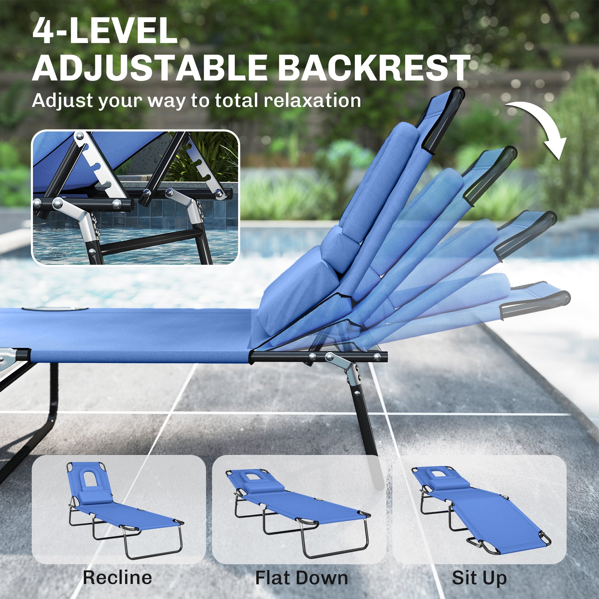 Folding Chaise Lounge Chair, Reclining Beach Tanning Chair with Face Hole, Pillow, 4-Position Adjustable Lay Flat Sun Lounger, Steel Frame for Outdoor Patio Pool, Red