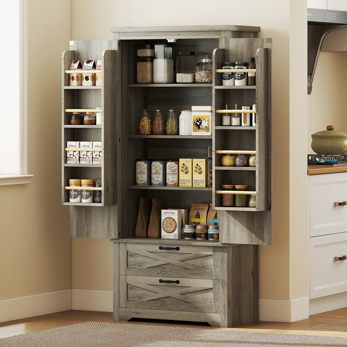 Farmhouse Kitchen Pantry Storage Cabinet, 64" Freestanding Kitchen Pantry Cabinet with Drawers, Distressed White