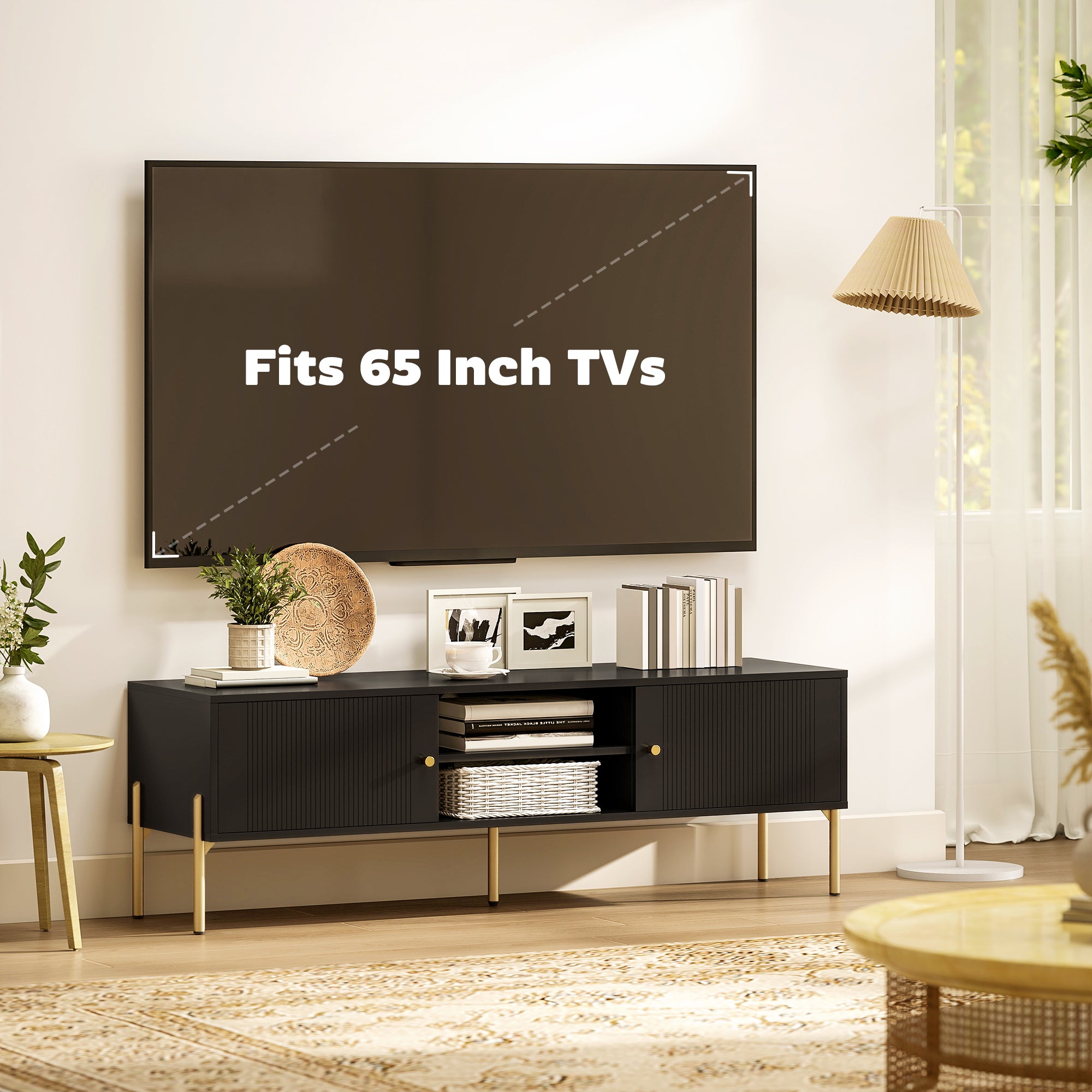 ንቲቪ ስታንድ ንቲቪ ክሳብ 65"፣ መዝናኒ ማእከል ምስ 2 ክፍት መደርደሪታት፣ 2 ካቢኔታትን ሓጺን እግርን ንክፍሊ መነባብሪ፣ ጸሊም