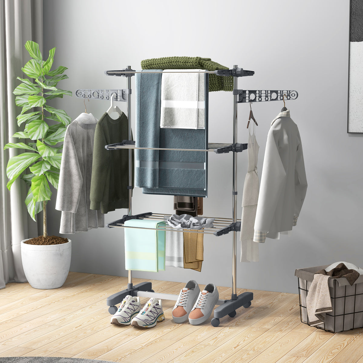 3-Tier Foldable Clothes Drying Rack, Stainless Steel Laundry Rack with 2 Side Wings and 6 Castors, Collapsible Adjustable Clothes Airer for Indoor Outdoor, White