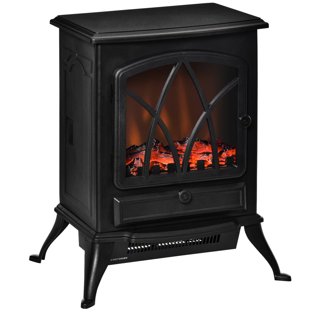 Free Stand Electric Fireplace Stove Heater with Adjustable LED Flame Effect and Front Door, 750W/1500W, Black