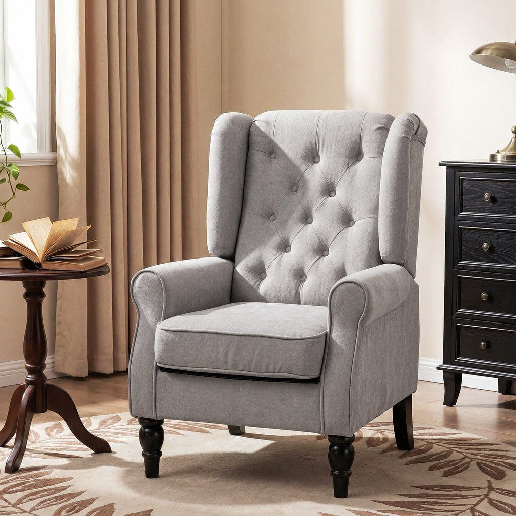 Fabric Accent Chair, Button Tufted Armchair, Upholstered Modern Living Room Chair, Wingback Chair with Wood Legs, Rolled Arms, Thick Padding for Bedroom, White