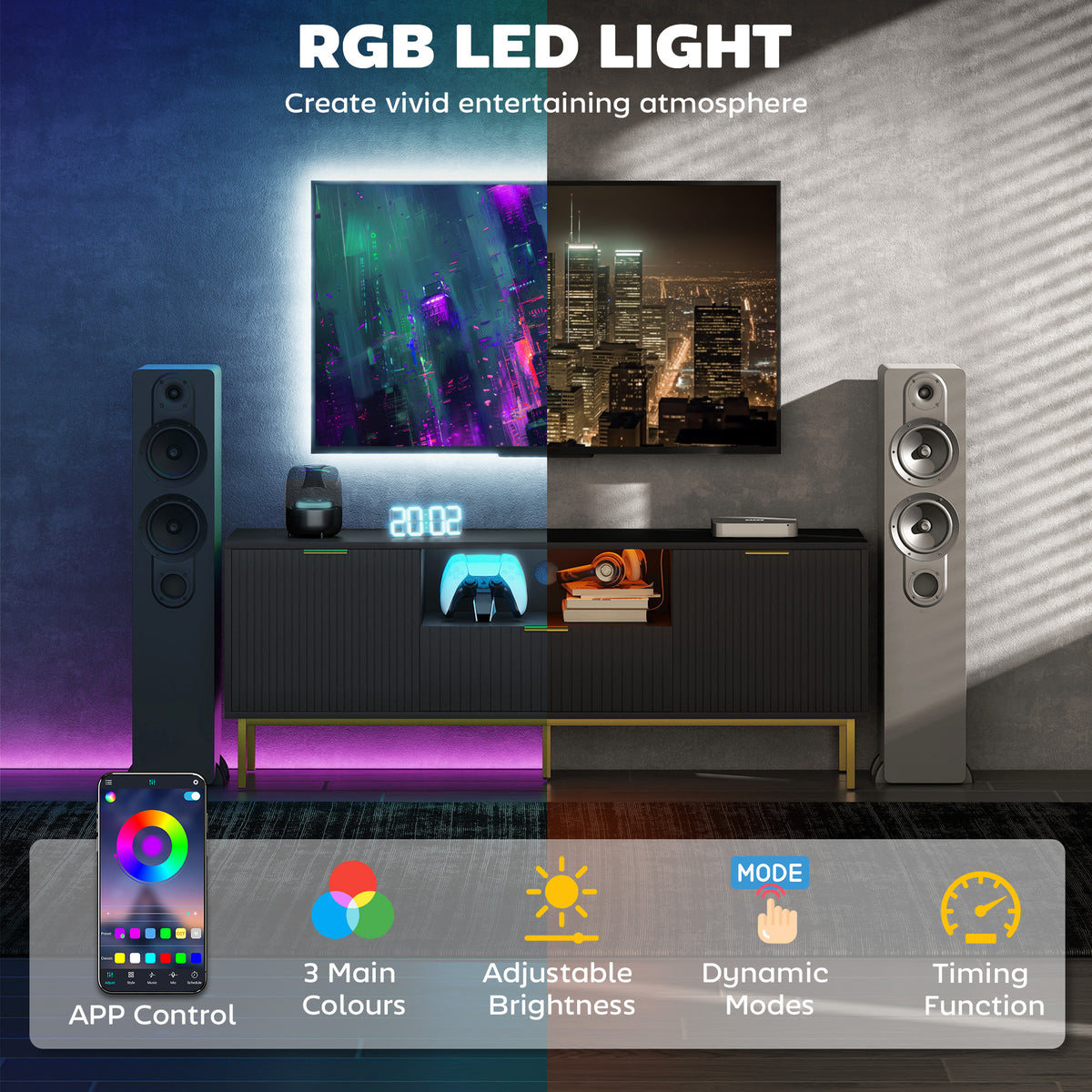وحدة تلفزيون حديثة للتلفزيونات حتى 50 بوصة، مركز ترفيهي مع أضواء LED RGB ذكية وأبواب إغلاق ناعم، أبيض