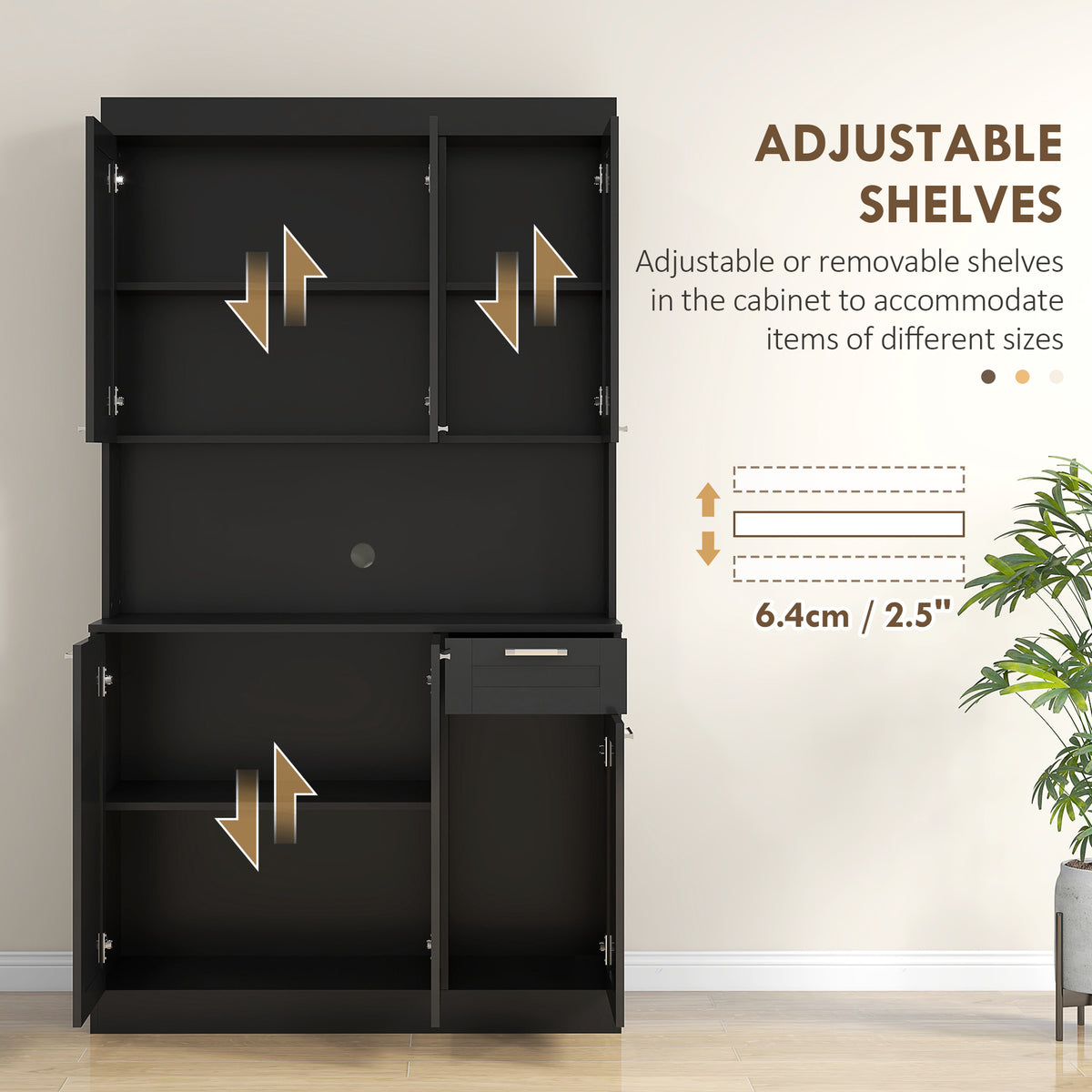 71" Kitchen Pantry Storage Cabinet, Storage Buffet with Hutch, Adjustable Shelves for Living Room, High Gloss Black