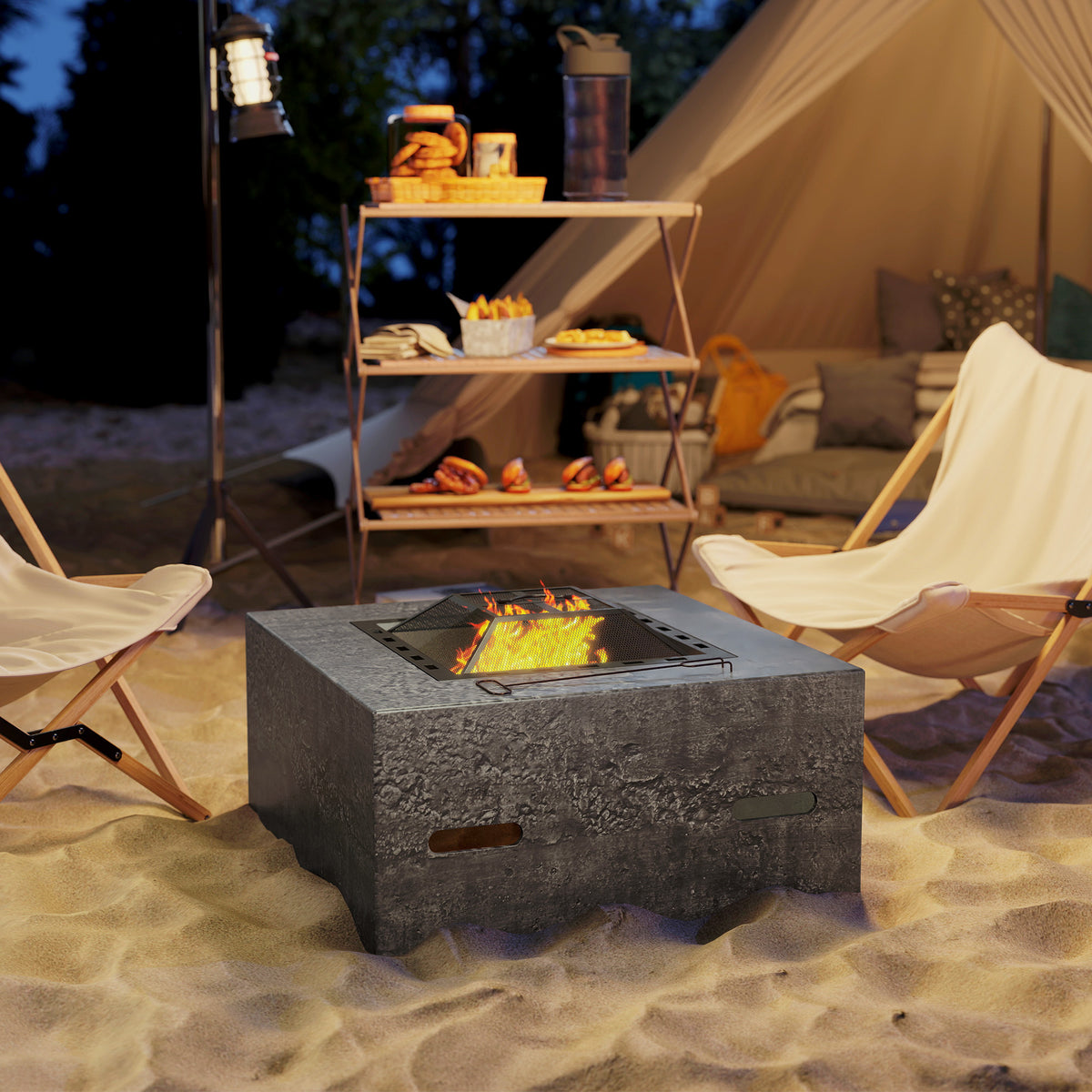 Fire Pit with Fire Poker, Wood Burning Firepit for Outside with Mesh Lid, Magnesium Oxide Stone Texture, Charcoal Grey