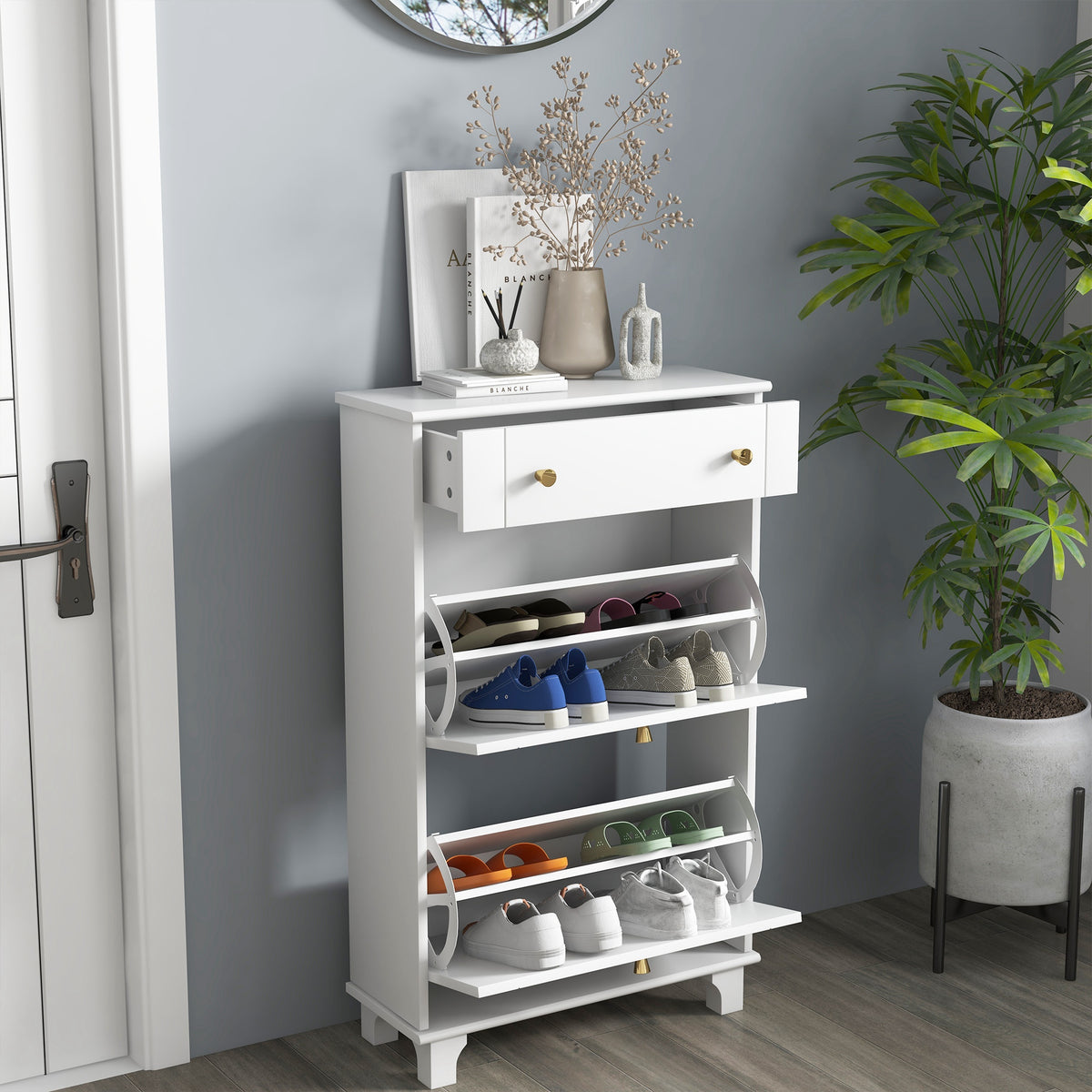 Slim Shoe Storage with 2 Flip Drawers and Adjustable Shelves Shoe Cabinet Organizer for 8 Pair,  White