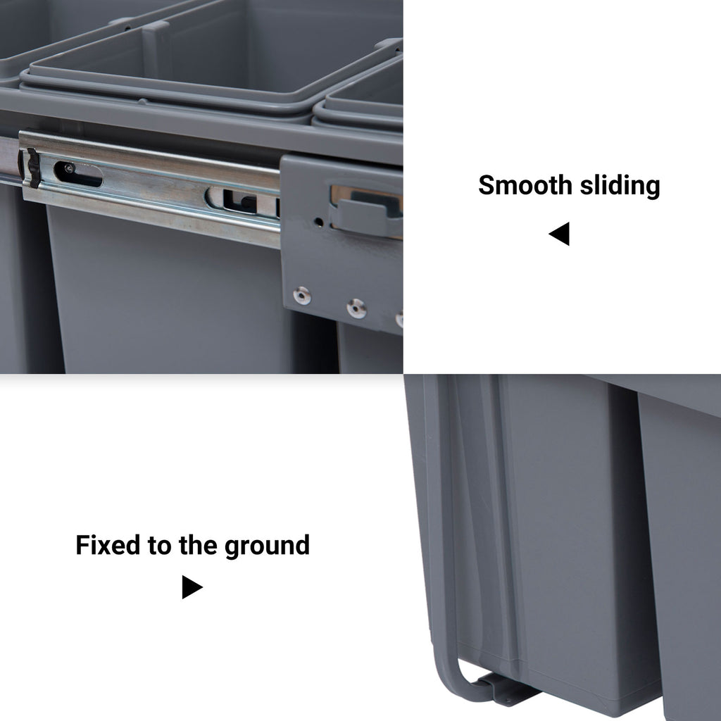Pull Out Trash Can Under Cabinet, 10.6 Gallon (40L) Slide Out Garbage Can with 3 Removable Compartments, Grey