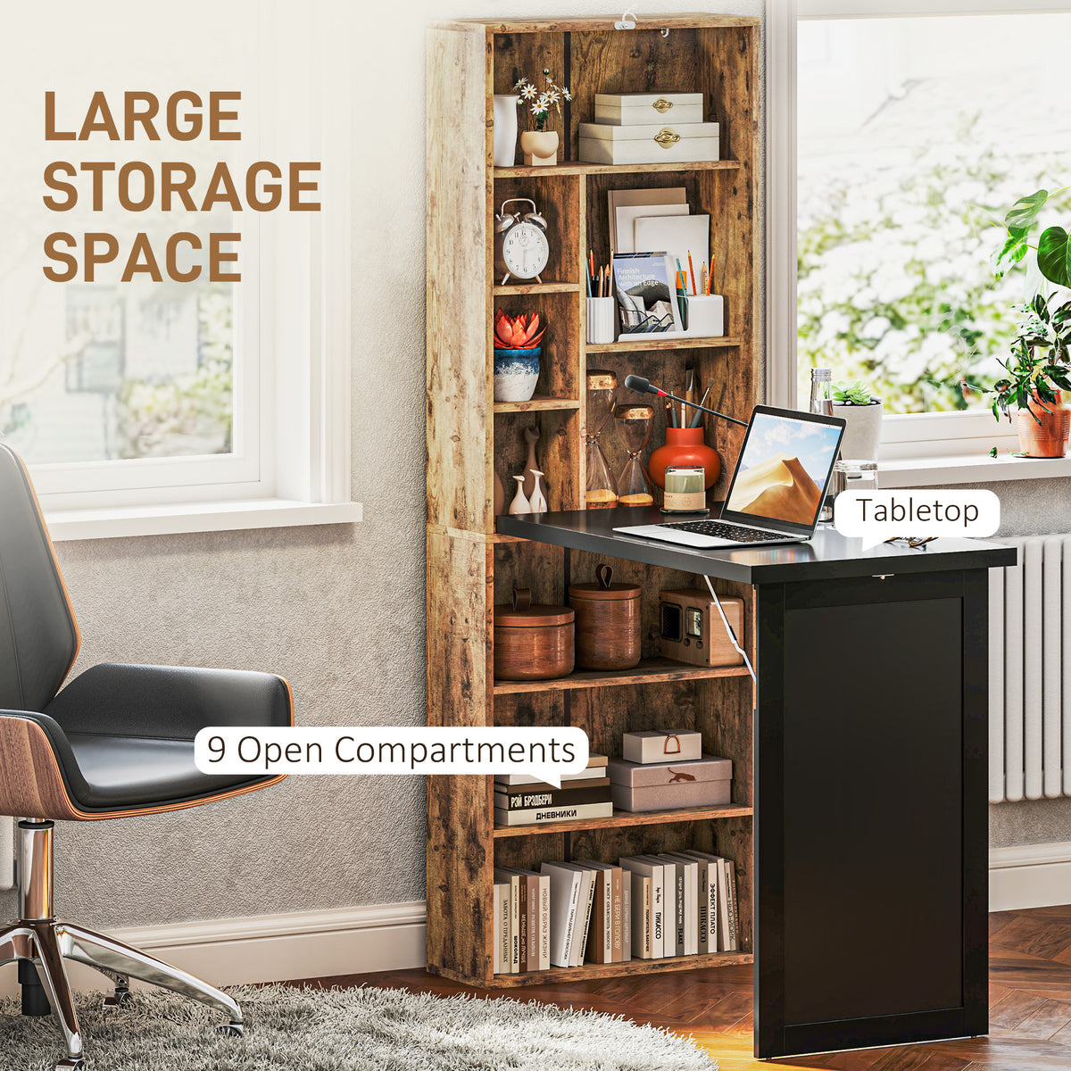 Fold-out Convertible Office Desk, Wall Mount Computer Desk with Blackboard and Side Shelf, Rustic Brown