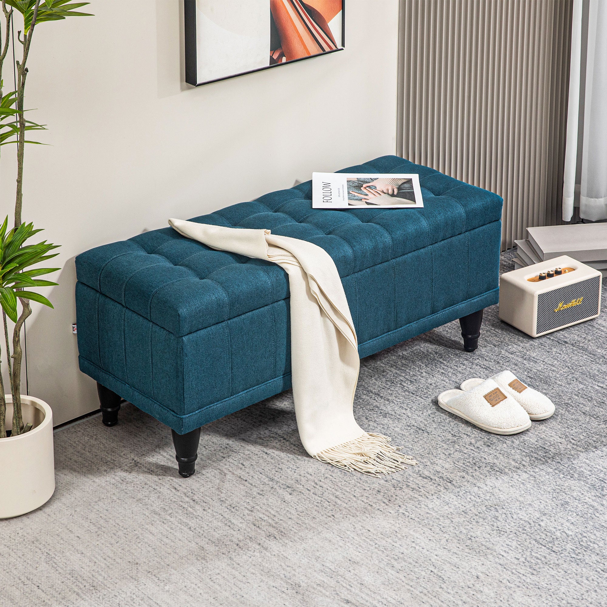 Storage Ottoman, Linen Fabric End of Bed Bench with Button Tufted Storage Bench for Bedroom, Blue
