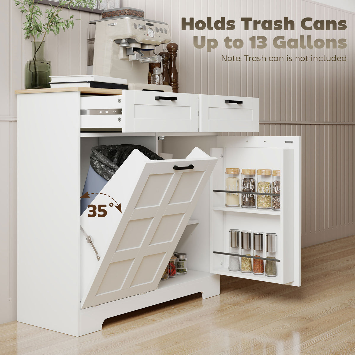 13 ጋሎን ቲልት ኣውት ጋርበጅ ካቢኔት፣ ኪችን ኣይላንድ ምስ ትራሽ ካቢኔት፣ 2 መሳልብ፣ ደገ ራክስ፣ ተስተካከሊ ሼልቭስ፣ ጸሊም