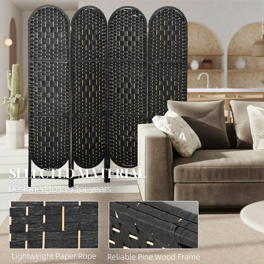 Bohemian Privacy Screen, Folding Room Divider with 4 Panels and Arched Top for Bedroom Living Room Office, Black