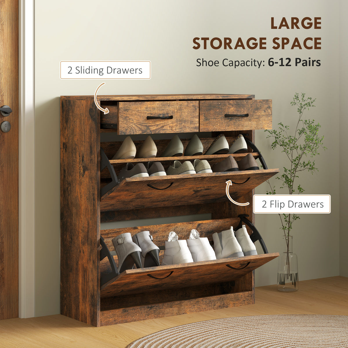 Narrow Shoe Storage with 2 Flip Drawers and Adjustable Shelves Shoe Organizer Cabinet for 12 Pairs of Shoes, Brown
