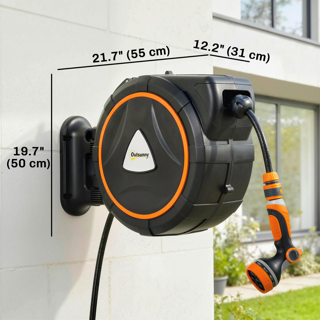 Retractable Garden Hose Reel, 1/2" x 59ft Wall Mounted Hose Reel with 12-Pattern Nozzles, Auto Retraction, Self-Locking