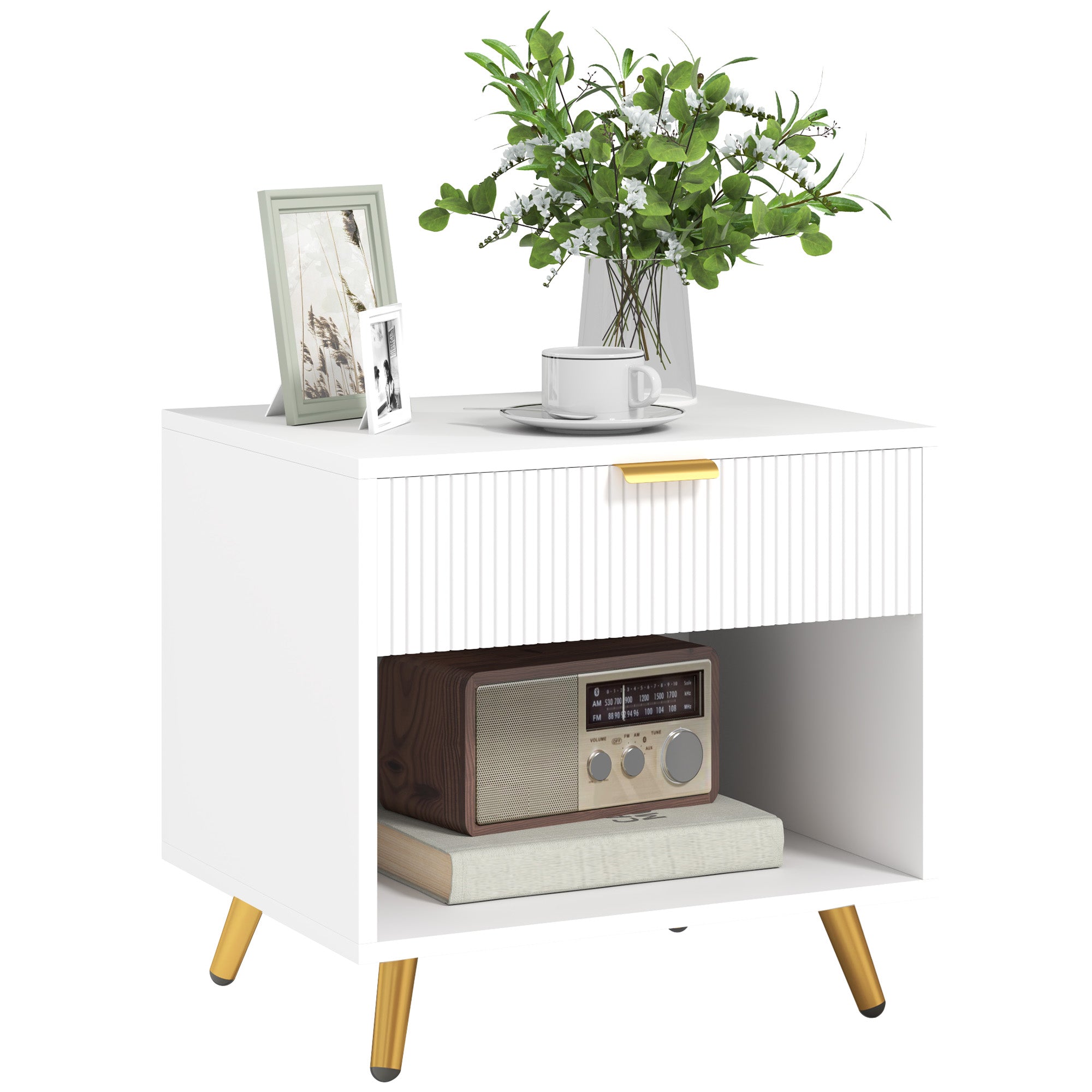 Nightstand with Fluted Panel, Bedside Table with Drawer and Open Compartment, Modern Night Table for Bedroom, Black