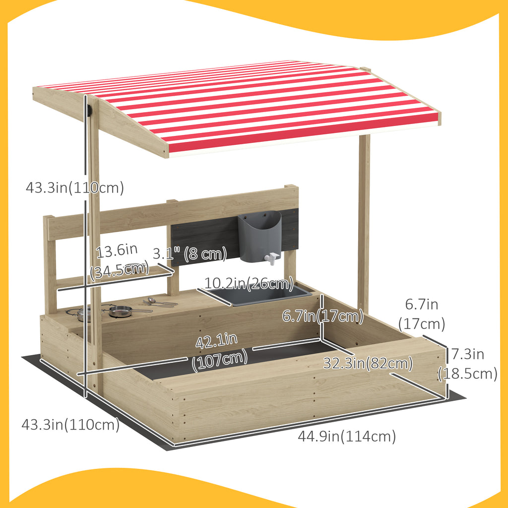 Kids Sandbox with Cover Kitchen Playset Toys, Wooden Sand Box with Seat, Storage, for 3-7 Years Old, Natural Wood