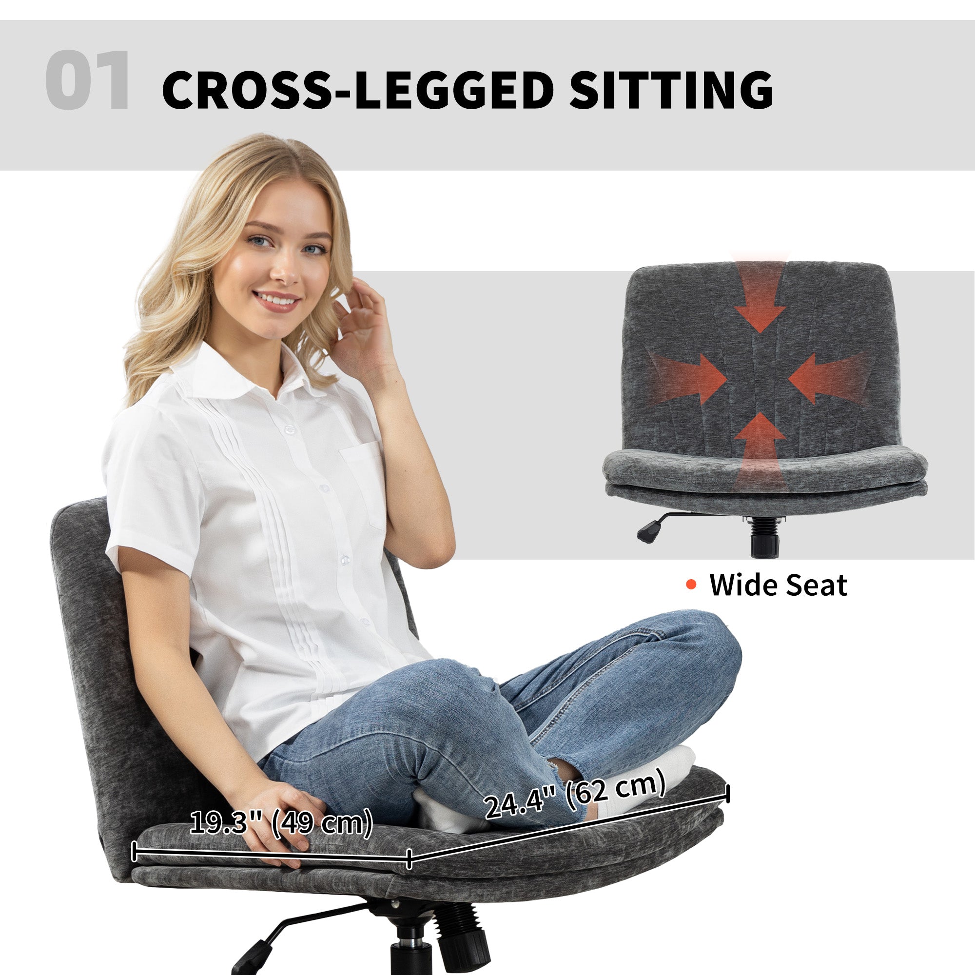 Criss Cross Chair with Wheels, Wide Office Chair with No Arms, Adjustable Height, Tilting, Grey