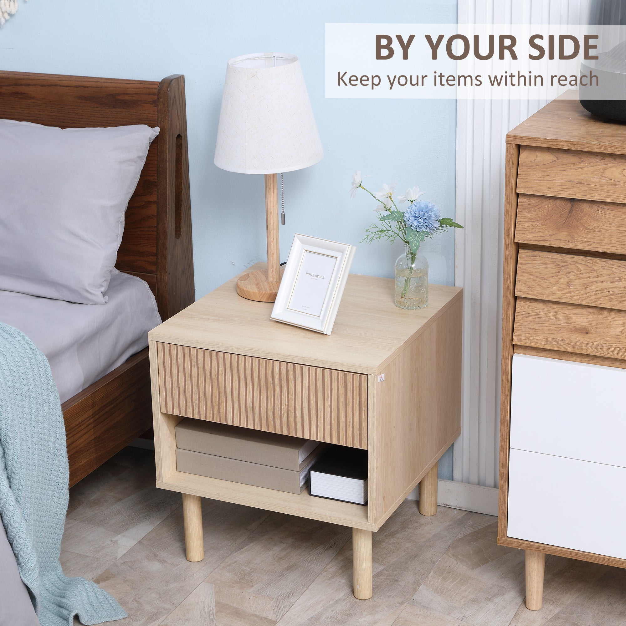 Modern Bedside Table with Drawer and Open Shelf, Sofa Side Table for Bedroom Living Room, Natural