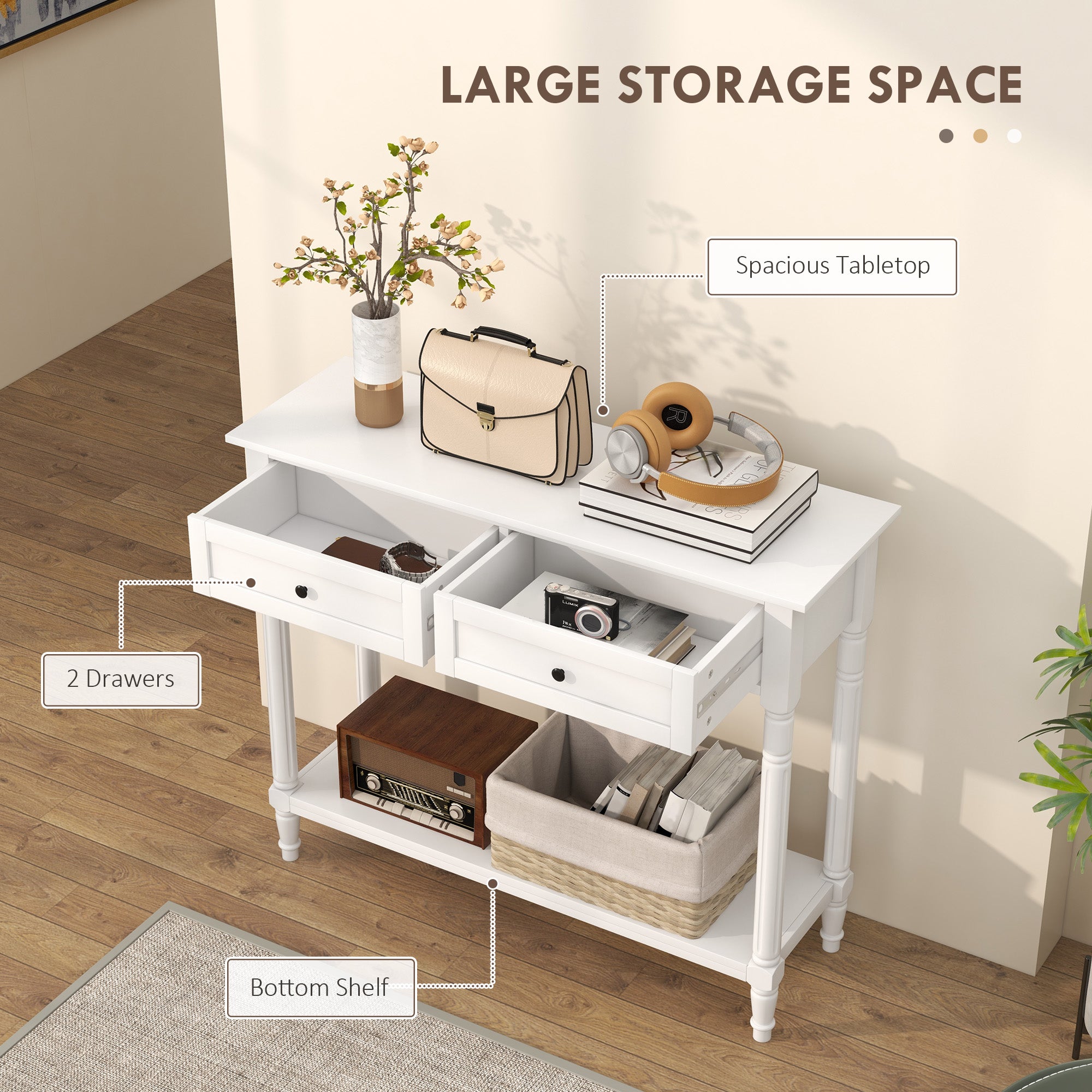 Hallway Console Table, Modern Entryway Table with 2 Drawers, Storage Shelf, Turned Legs for Living Room, Bedroom, Black