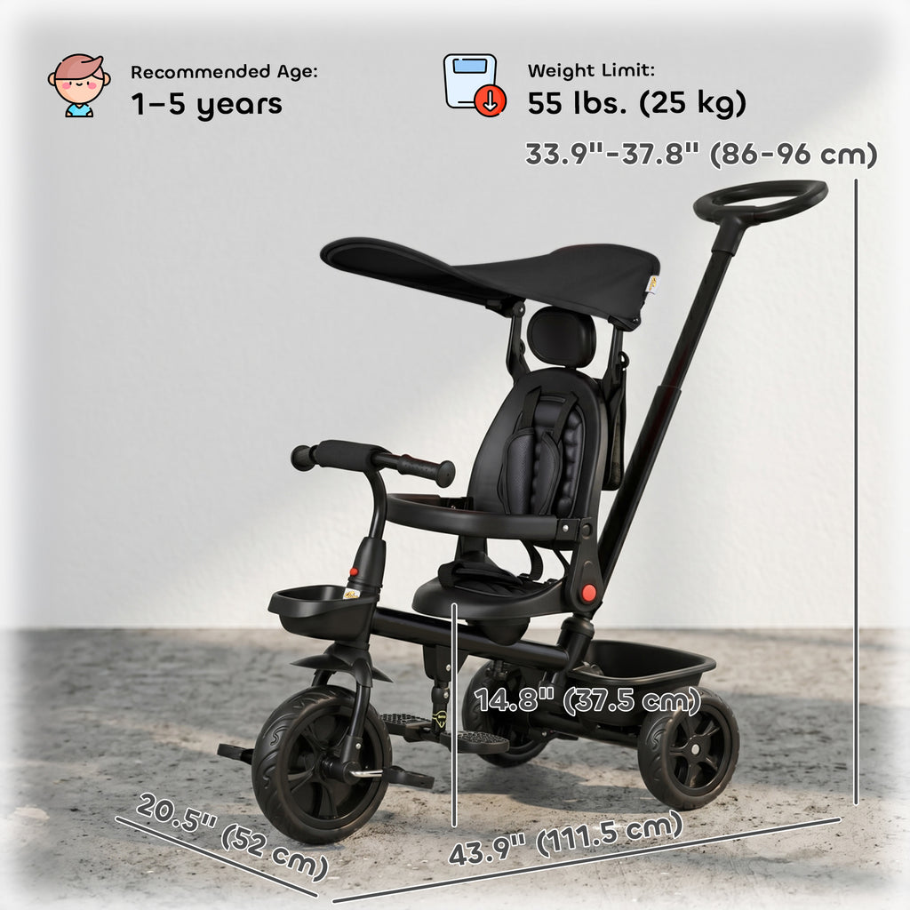 Qaba Tricycle for Toddler 5 in 1 Kids Trike, Converts Stroller to Toddler Bike, Adjustable Backrest & Flat Canopy, Detachable Guardrail & Handle for 1-5 Years Old, Black