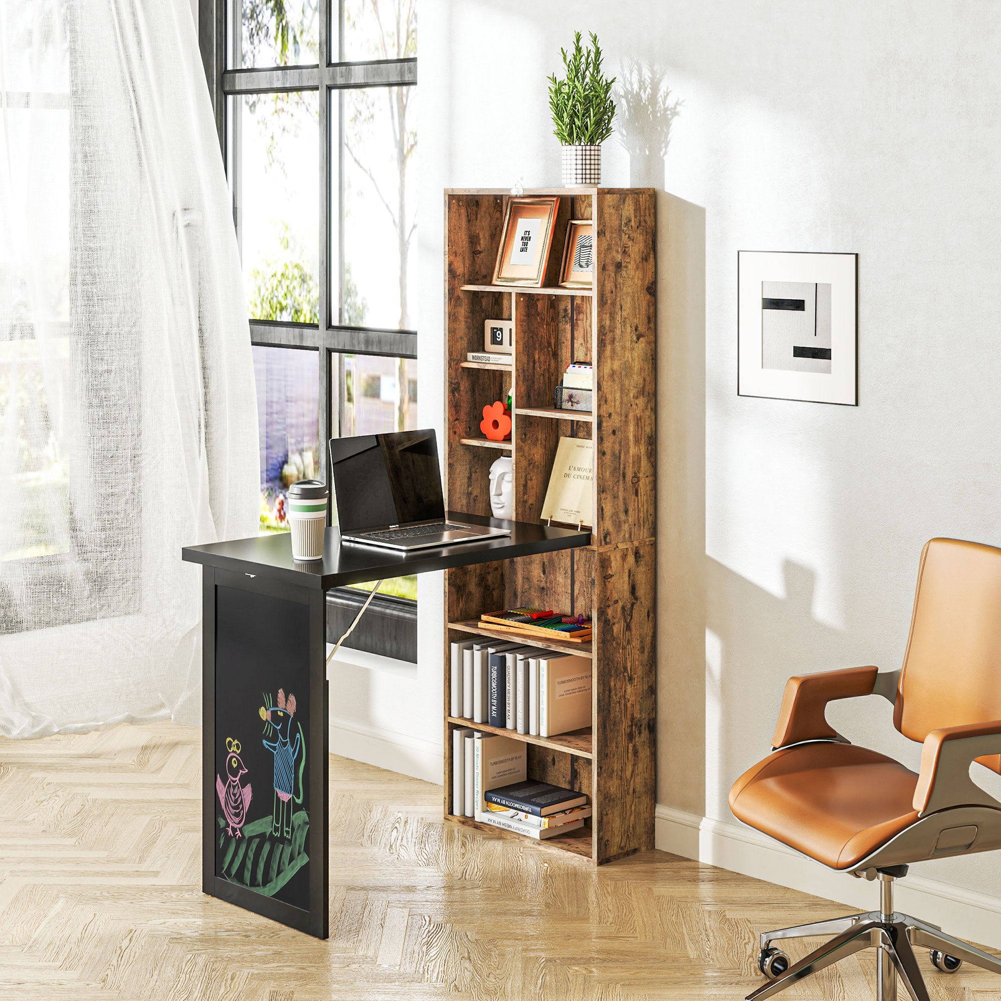 Fold-out Convertible Office Desk, Wall Mount Computer Desk with Blackboard and Side Shelf, Rustic Brown