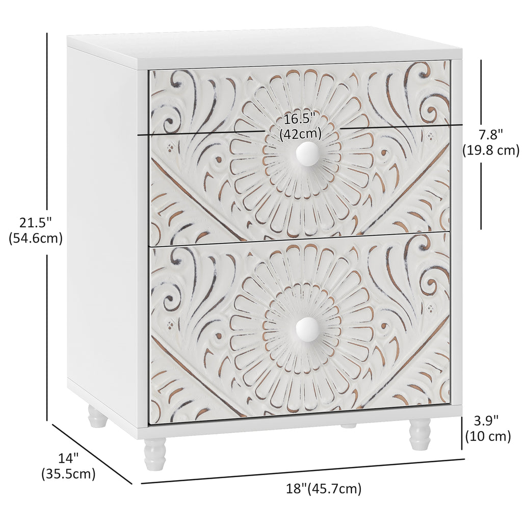 Mid-Century Bedside Table, Nightstand with 2 Drawers, Side End Table for Bedroom, White