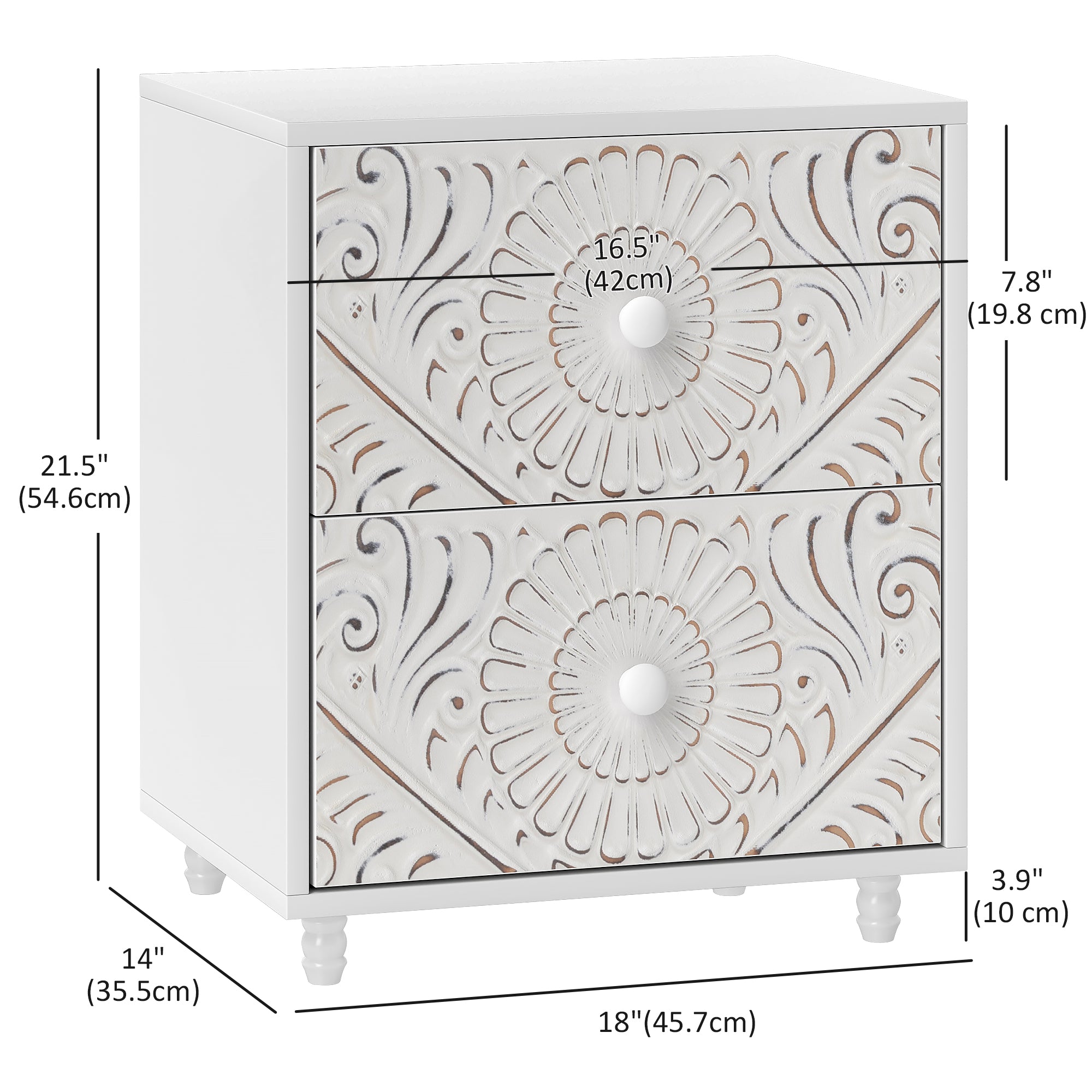 Mid-Century Bedside Table, Nightstand with 2 Drawers, Side End Table for Bedroom, White
