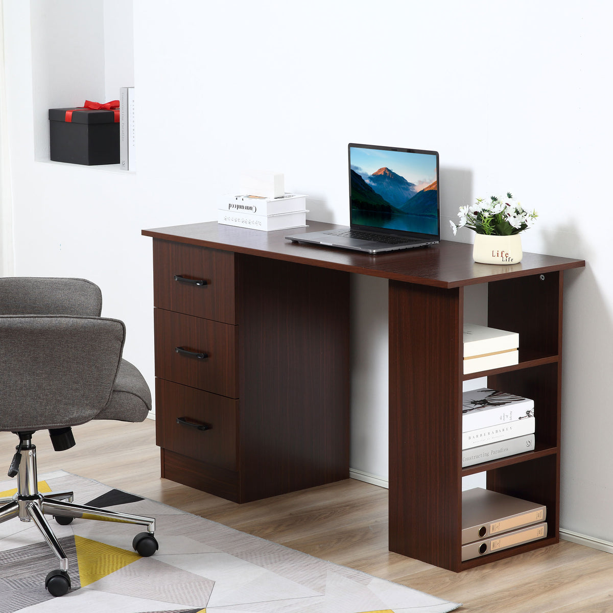 Computer Desk, 47" Writing Table with 3-Tier Shelves and 3 Reversible Drawers for Home Office, Bedroom, White