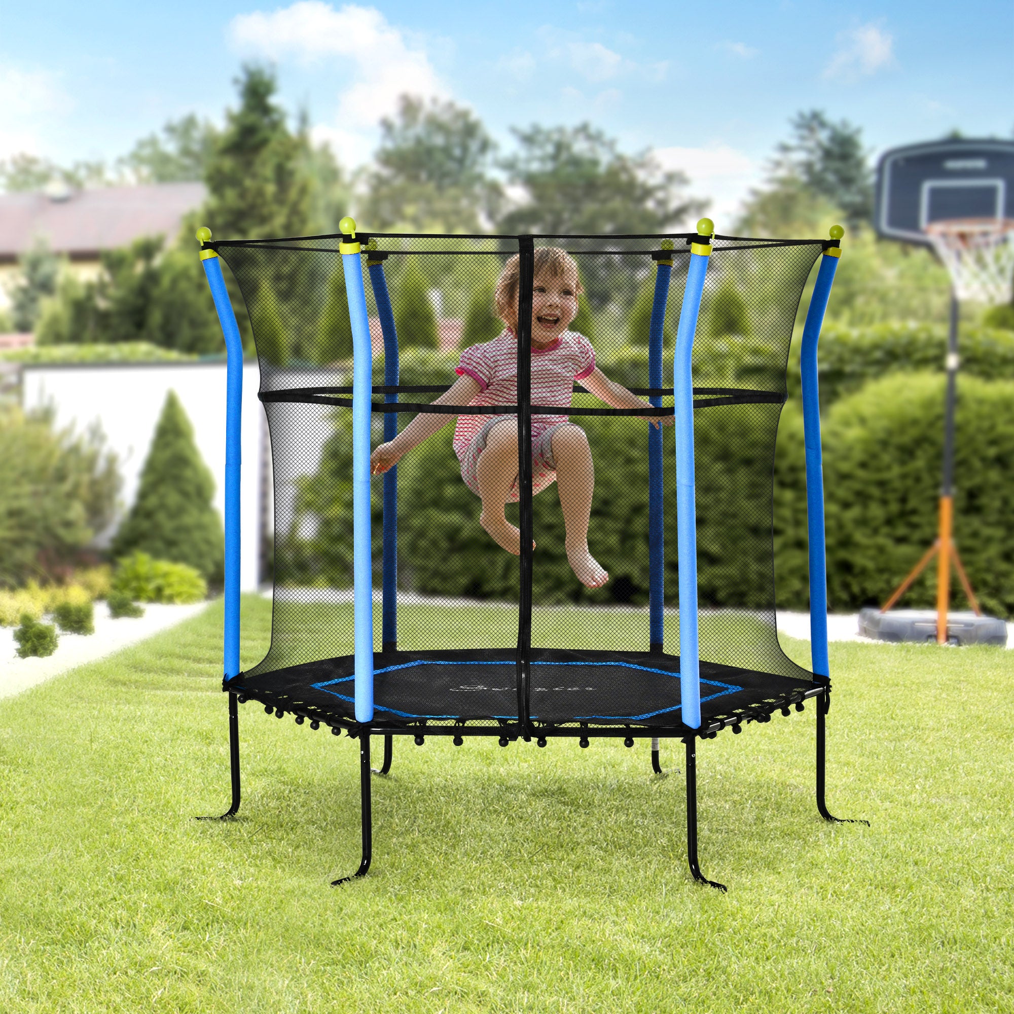 Soozier 63" Kids Trampoline Mini Indoor Bouncer Jumper with Enclosure Net Elastic Thick Padded Pole Gift for Child Toddler Age 3-6 Years Old Blue