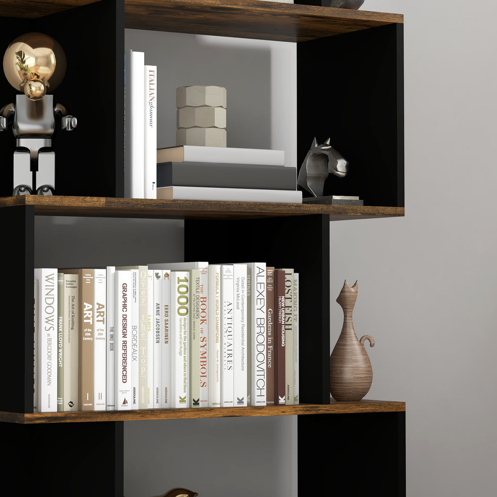 5-Tier Bookshelf, Geometric S Shaped Bookcase, Tall Narrow Display Shelf for for Living Room, Study Room, Rustic Brown