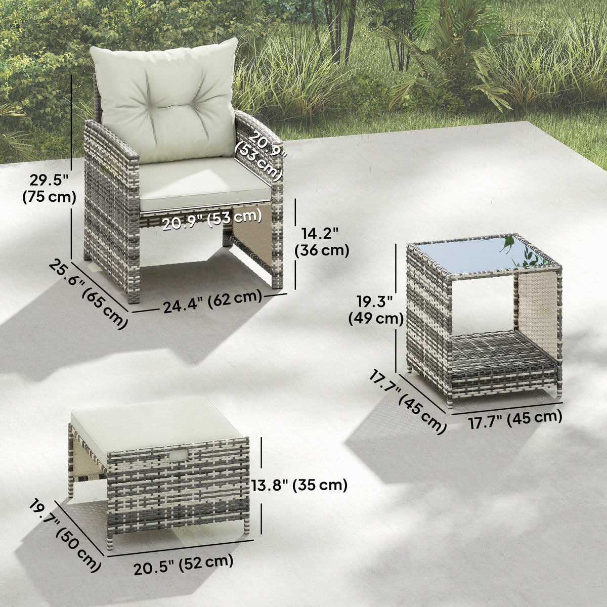 5 Piece Patio Furniture Set, Wicker Patio Chairs with Ottomans, 2-Tier Glass Coffee Table and Cushions, Brown/Cream