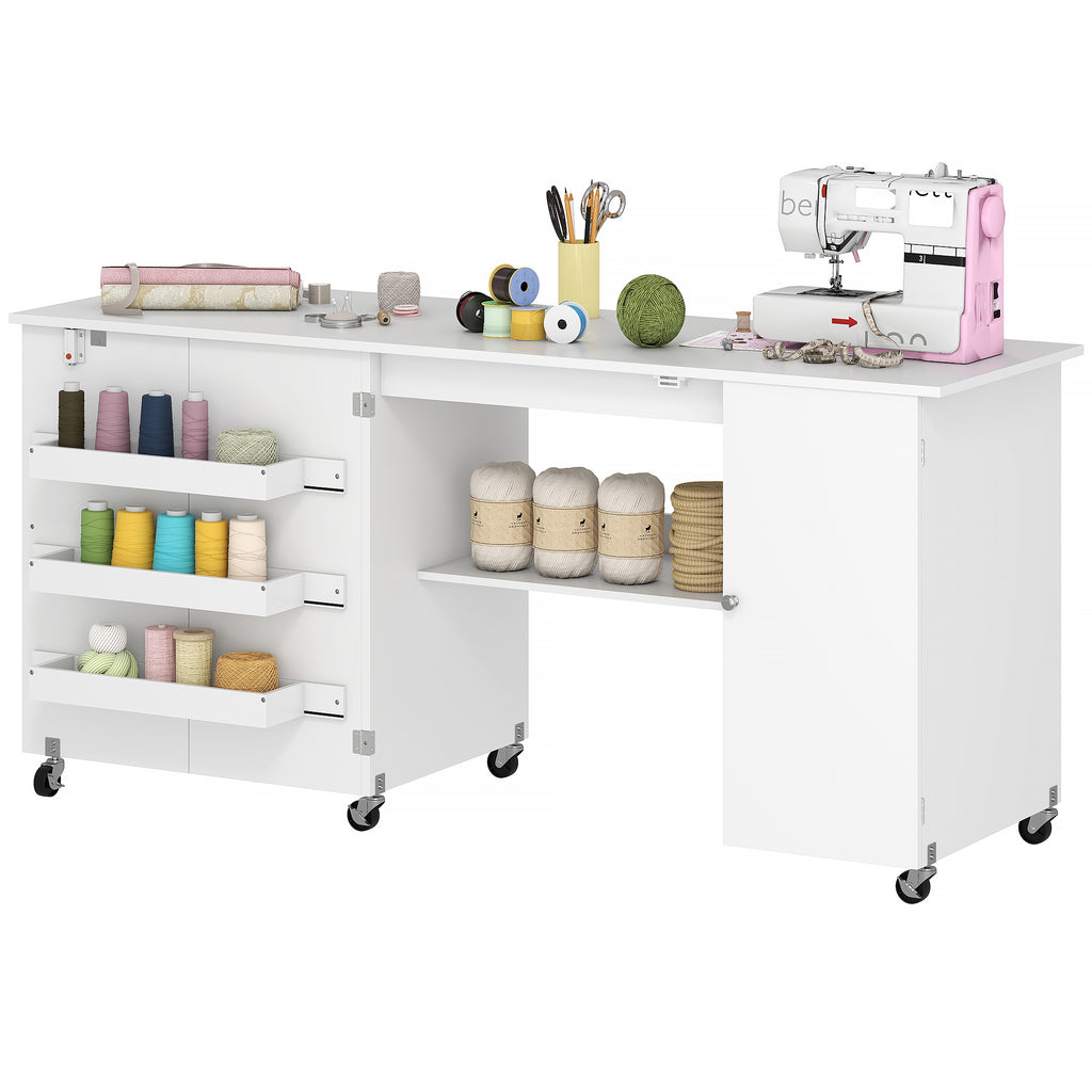 Sewing Machine Table with Drop Leaf, Folding Craft Table with 2 Doors and Adjustable Shelf for Small Spaces, Brown