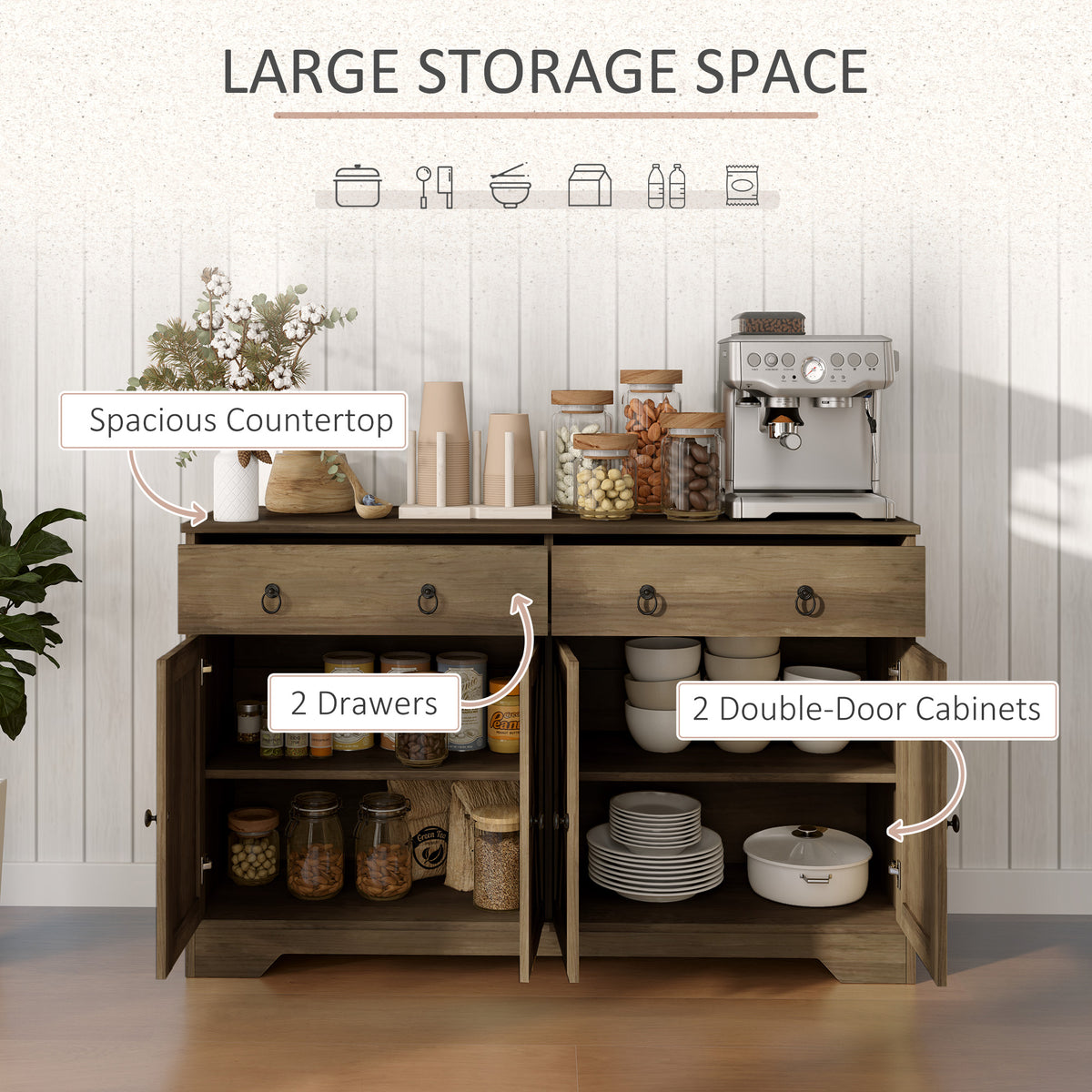 Sideboard Cabinet with 2 Drawers, 4 Barn Doors and 2 Adjustable Shelves, Buffet Table for Living Room, Light Brown
