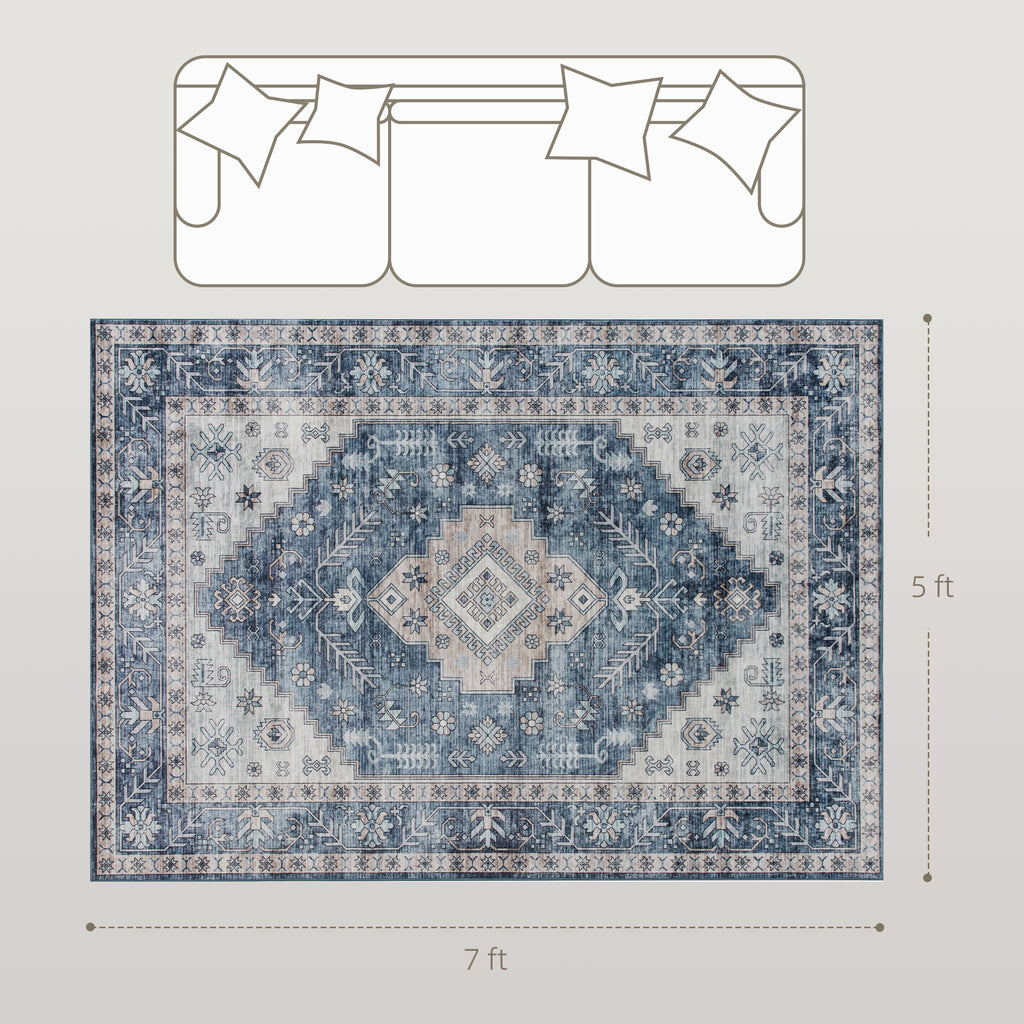 6x9 Area Rug, Vintage Machine Washable Rug, Non-Slip Floor Carpet for Living Room, Bedroom, Dining Room, Blue