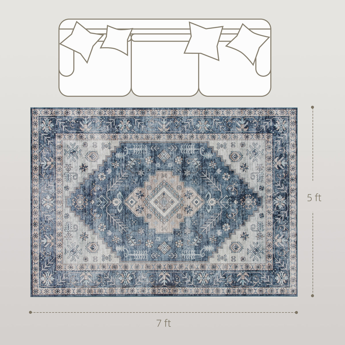 6x9 Area Rug, Vintage Machine Washable Rug, Non-Slip Floor Carpet for Living Room, Bedroom, Dining Room, Blue