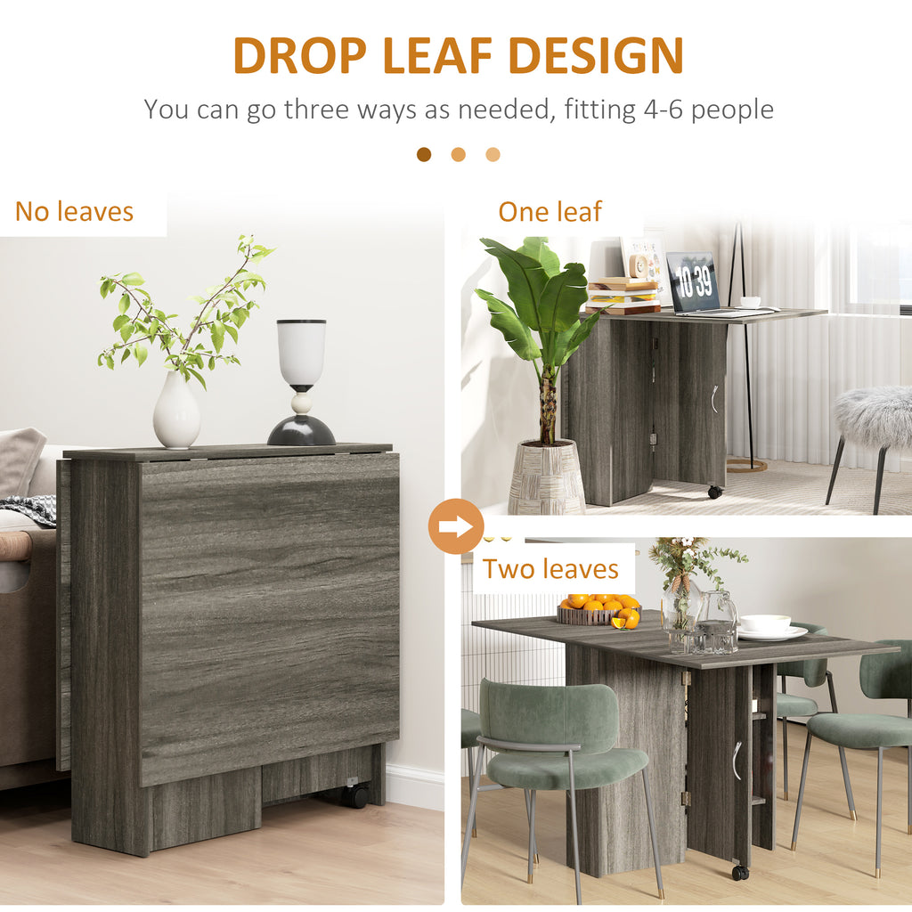 Extendable Dining Table, Collapsible Folding Table w/ 2-tier Shelves and Rolling Casters, Grey Wood Grain