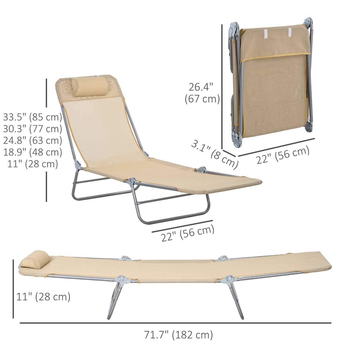Folding Outdoor Lounge Chair Set of 2, Reclining Tanning Chair with 5-Position Adjustable Backrest, Black