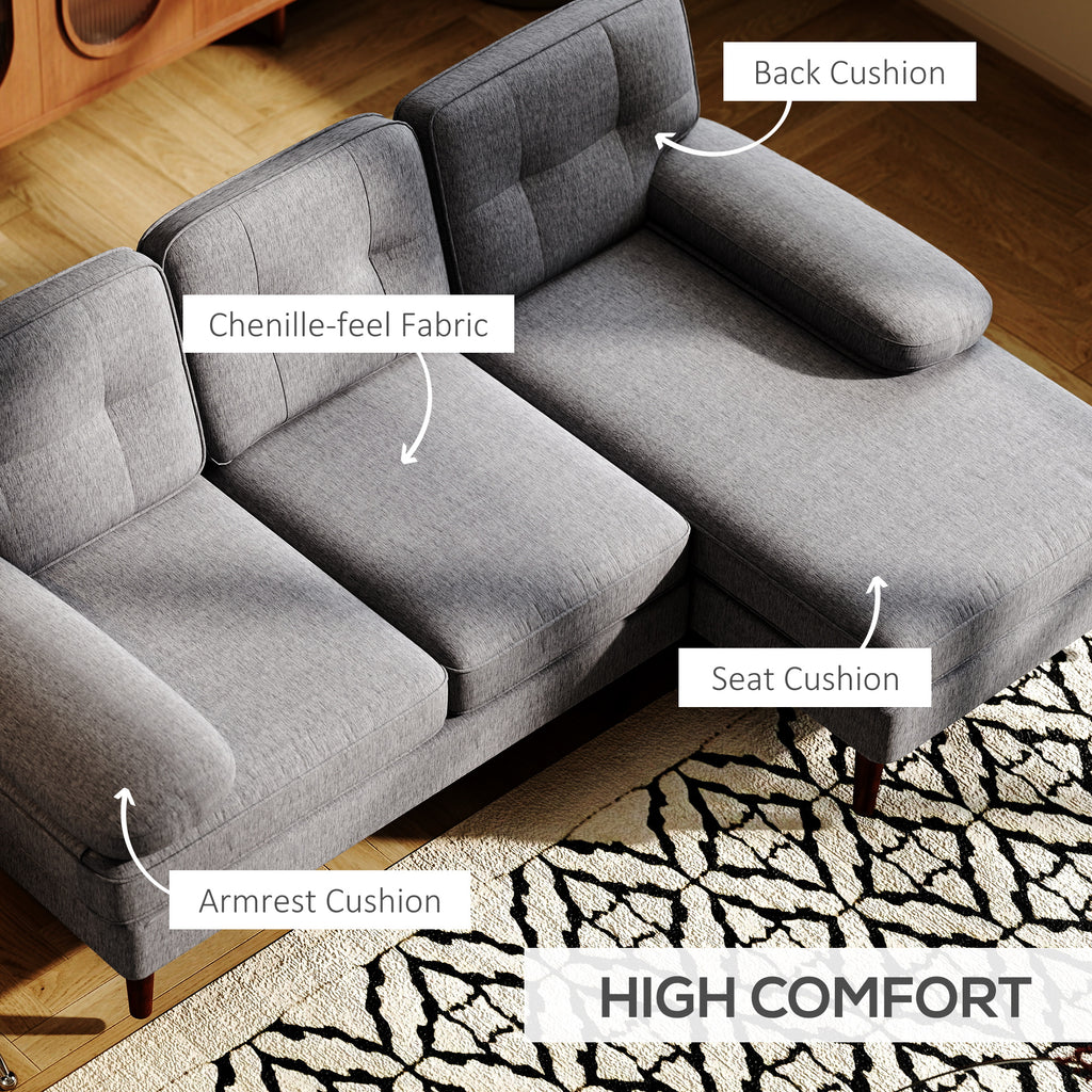 Modern Corner Couch with Right Chaise Lounge, Tufted 3-Seater Sofa with Wooden Legs for Living Room, Grey