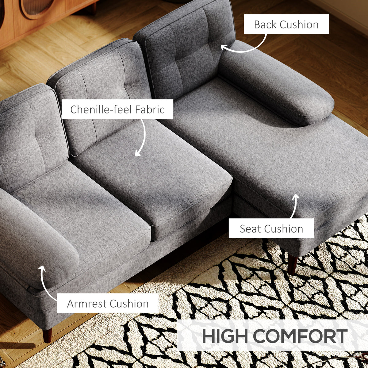 Modern Corner Couch with Right Chaise Lounge, Tufted 3-Seater Sofa with Wooden Legs for Living Room, Grey