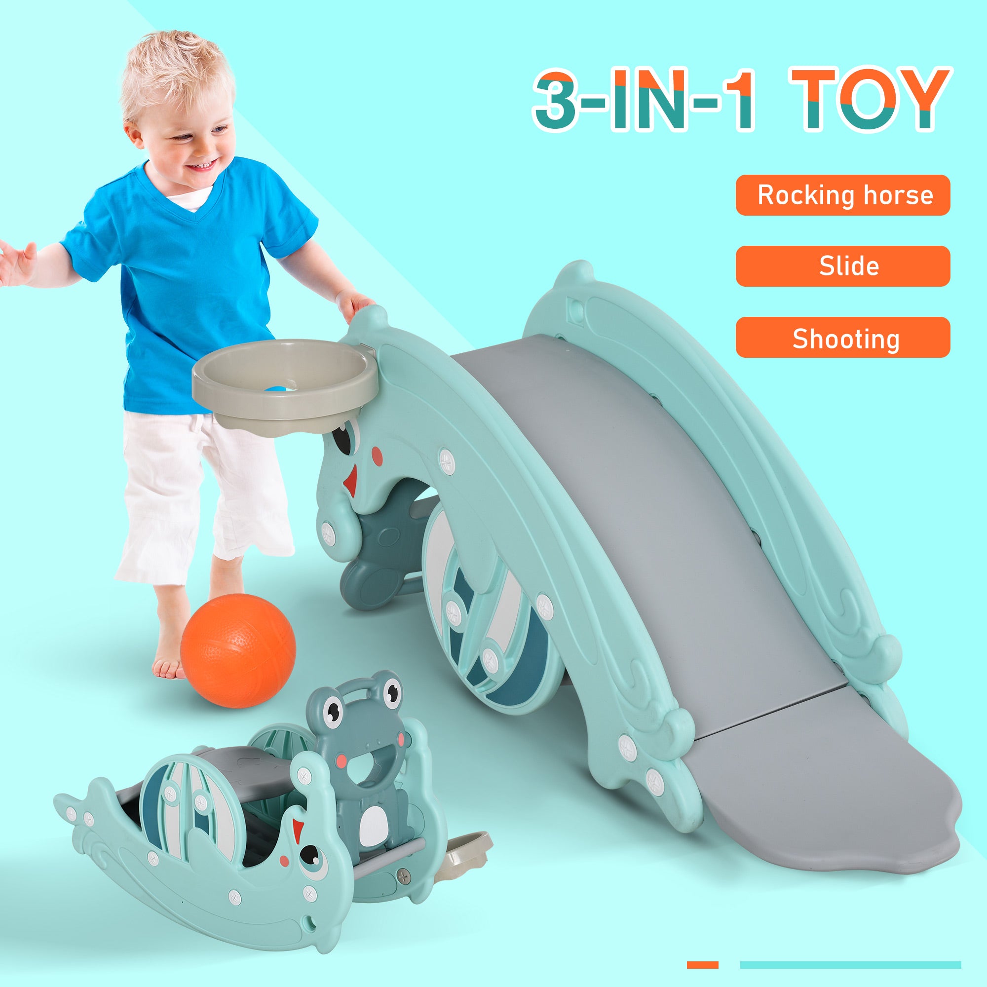 Qaba 3-in-1 Kids Slide And Rocking Horse Dual-Use Children Activity Equipment Portable Slide Indoor Outdoor Playground Toy W/ Basketball Hoop Toddler Birthday Gift, Age 1.5-3, Green