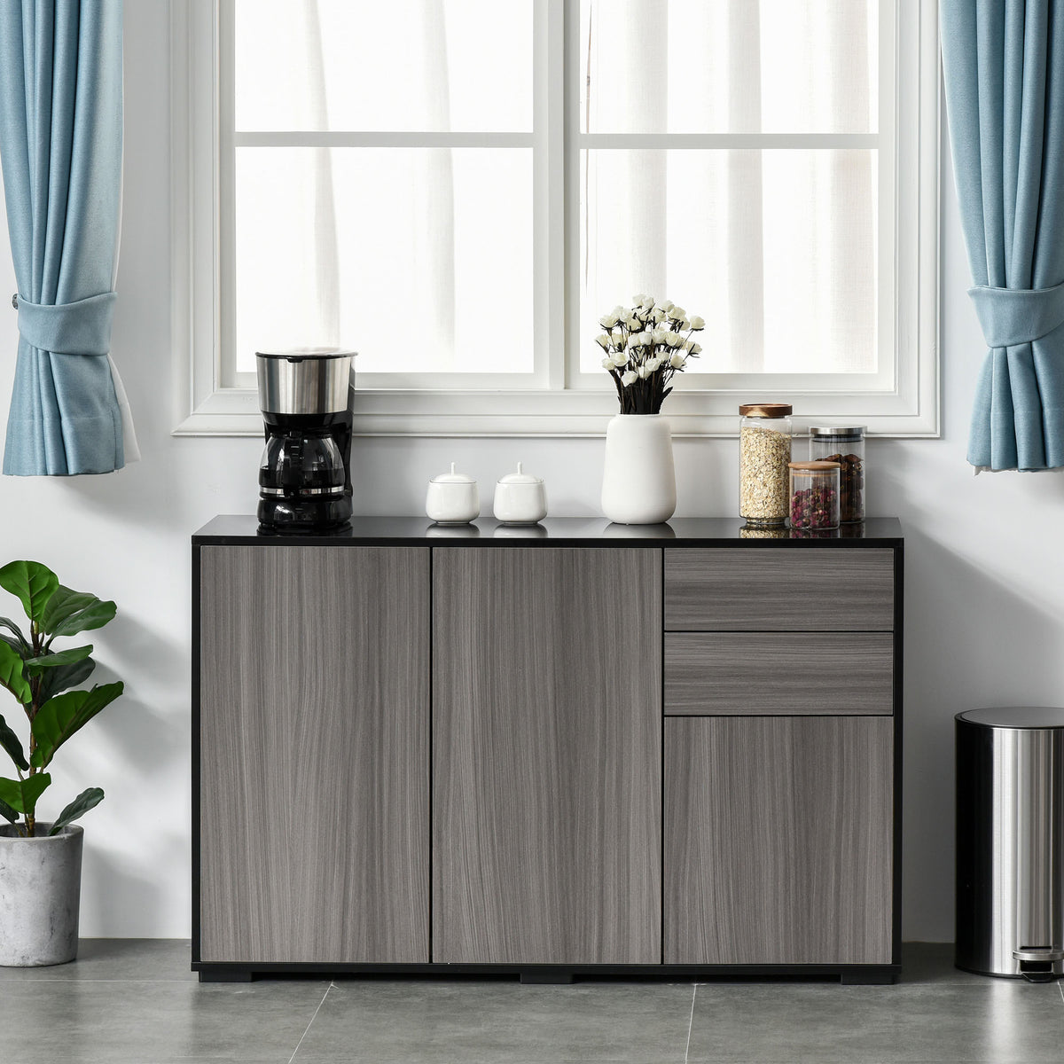 Kitchen Sideboard Storage Cabinet, Modern Coffee Bar with Push-Open Design and 2 Drawers for Living Room, Black
