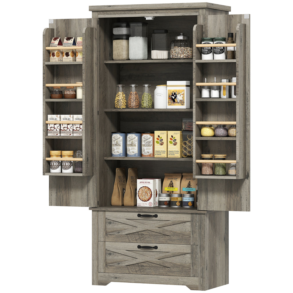 Farmhouse Kitchen Pantry Storage Cabinet, 64" Freestanding Kitchen Pantry Cabinet with Drawers, Distressed White