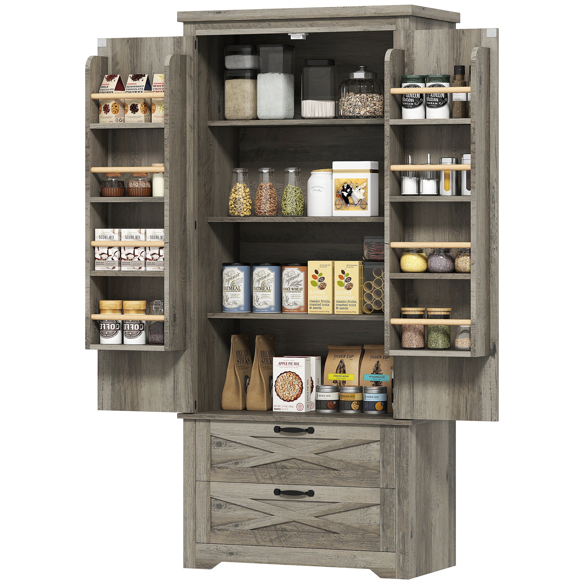 Farmhouse Kitchen Pantry Storage Cabinet, 64" Freestanding Kitchen Pantry Cabinet with Drawers, Distressed White