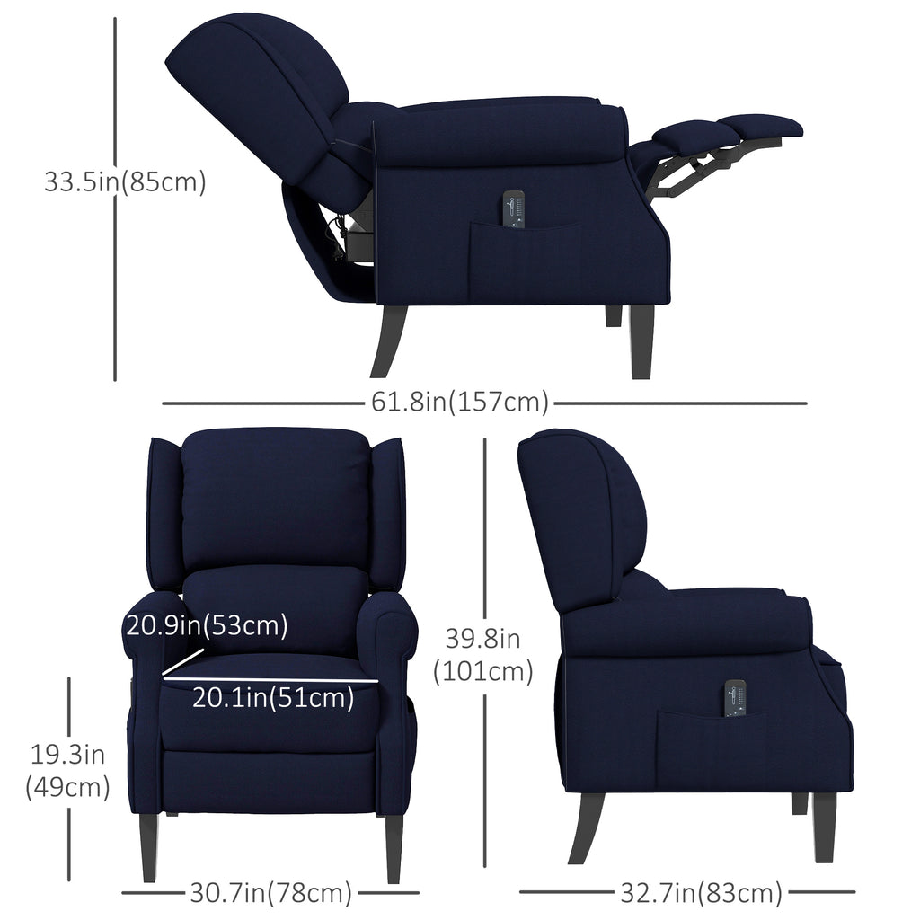 Push Back Recliner Chair, Vibration Massage Recliner for Living Room with Extendable Footrest, Remote, Pocket, Blue
