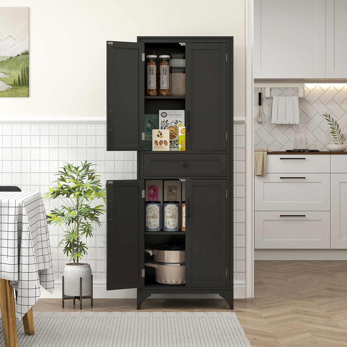 Freestanding Storage Cabinet, Kitchen Pantry Cabinet with 2 Shelves, 4 Doors for Dining Room, Black