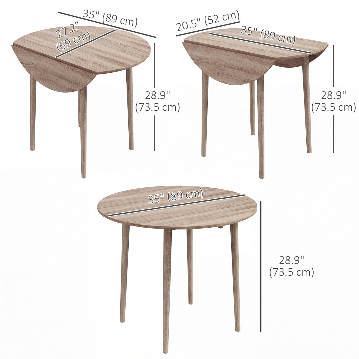 Folding Dining Table, Round Drop Leaf Kitchen Table for Small Spaces with Wood Legs, Oak