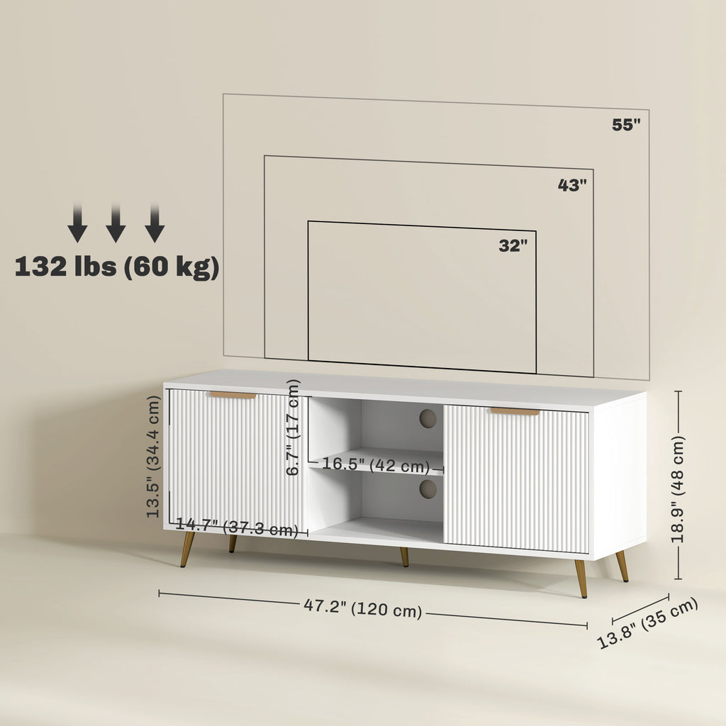 TV Stand with Storage for 55 Inch TV, Modern TV Cabinet with 2 Open Shelves and 2 Cabinets for Living Room, White