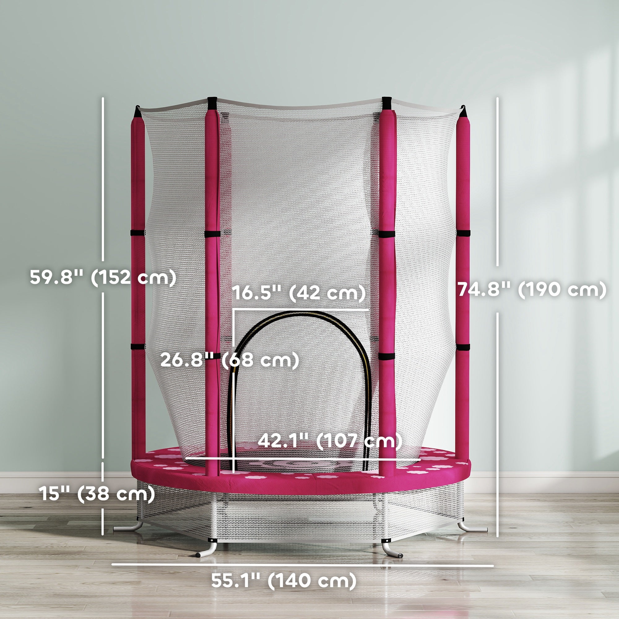 Qaba 55" Toddler Trampoline with Safety Enclosure Net, for Indoor Outdoor Use, Ages 3-6 Years, Pink
