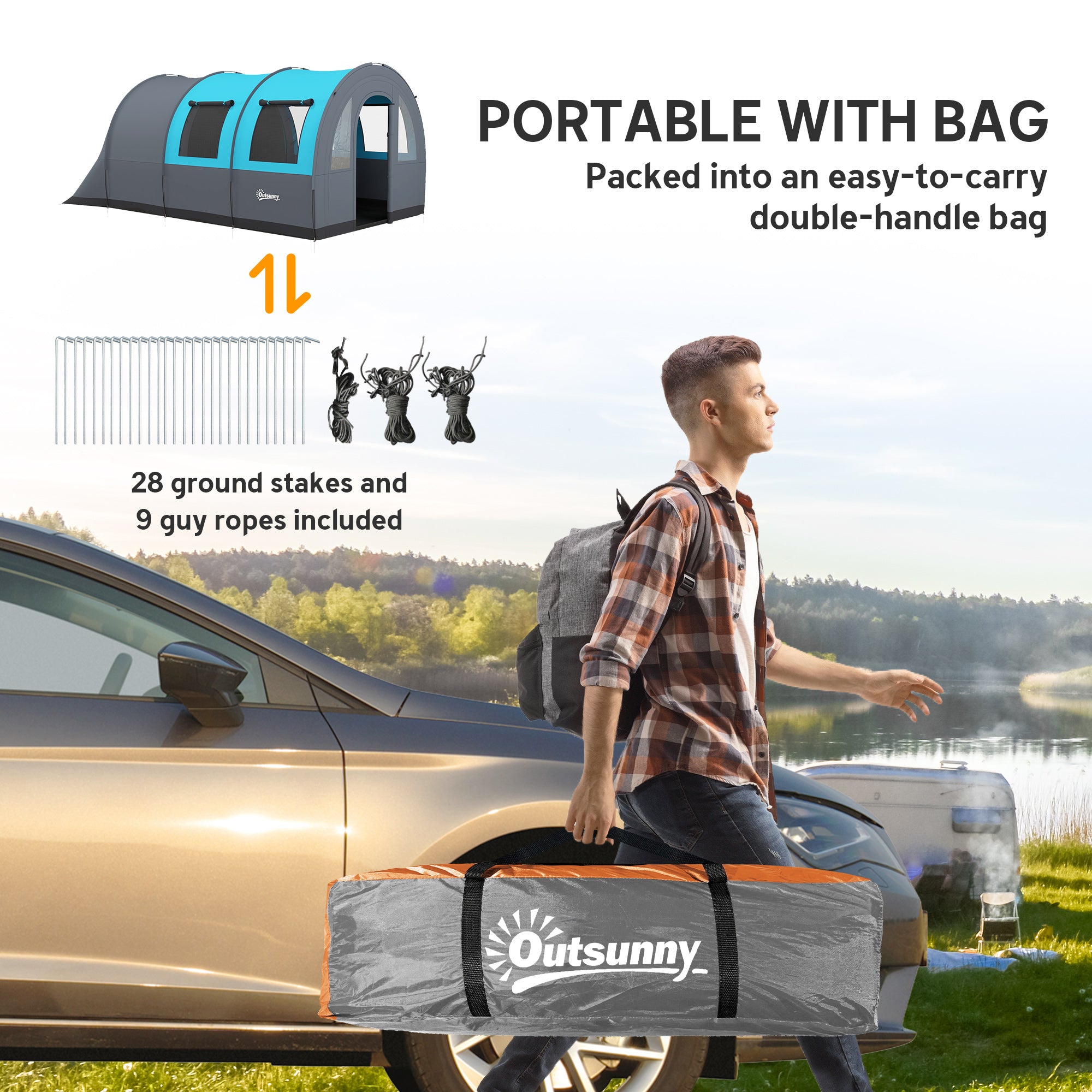 5-6 Person Camping Tent with Living Room and Bedroom, 3000mm Waterproof Tunnel Large Family Tent, Grey and Blue