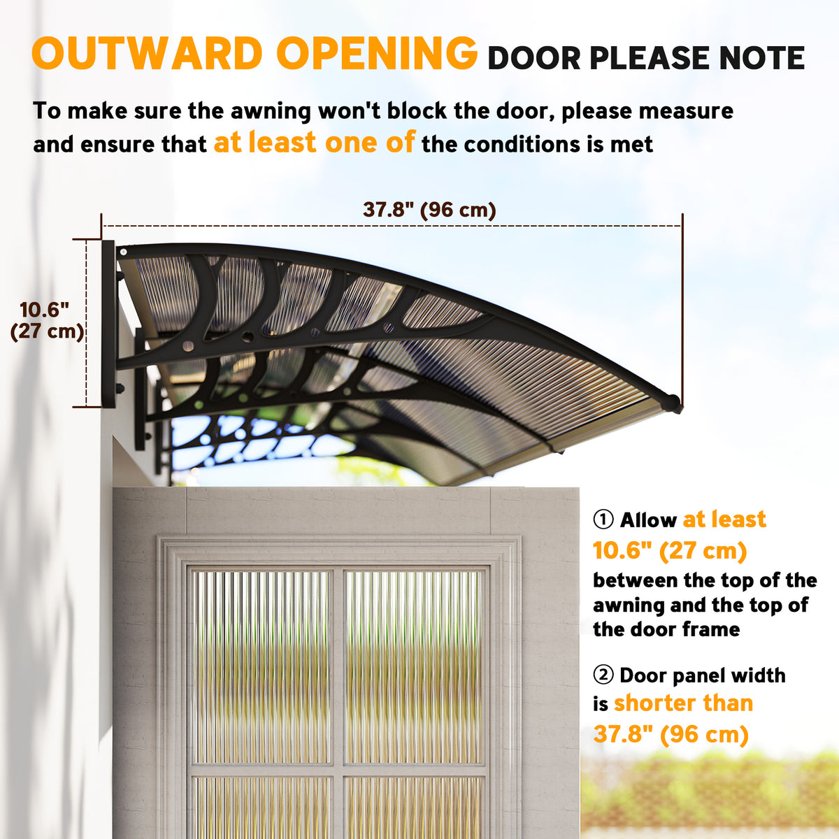 Awning Door Canopy, 119.3" x 37.8" Polycarbonate Front Door Outdoor Patio Cover for UV Protection, Brown